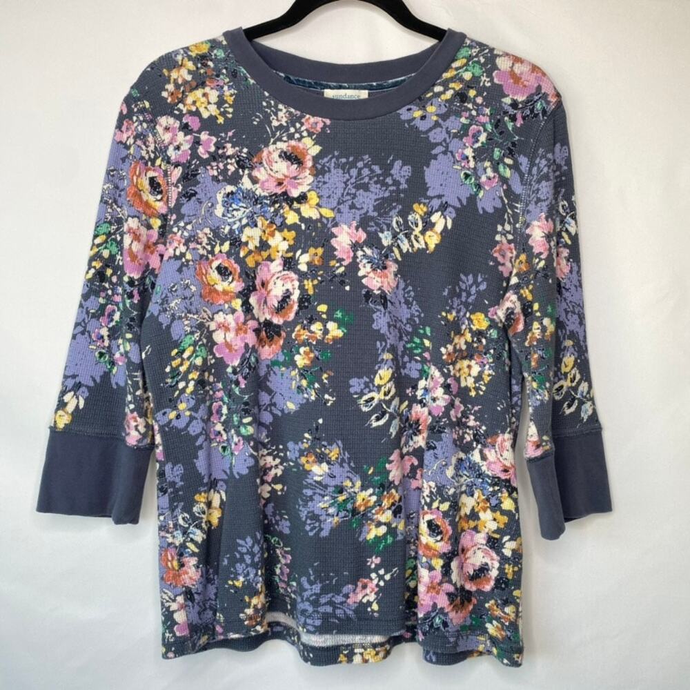 Sundance Blue Floral Waffle Knit Three Quarter Sleeve Shirt Size Petite Large - Picture 10 of 10